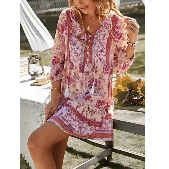 Pink Floral Print Button-Down V-Neck Long Sleeve Dress 100% Viscose Feminine S-X - Picture 1 of 5